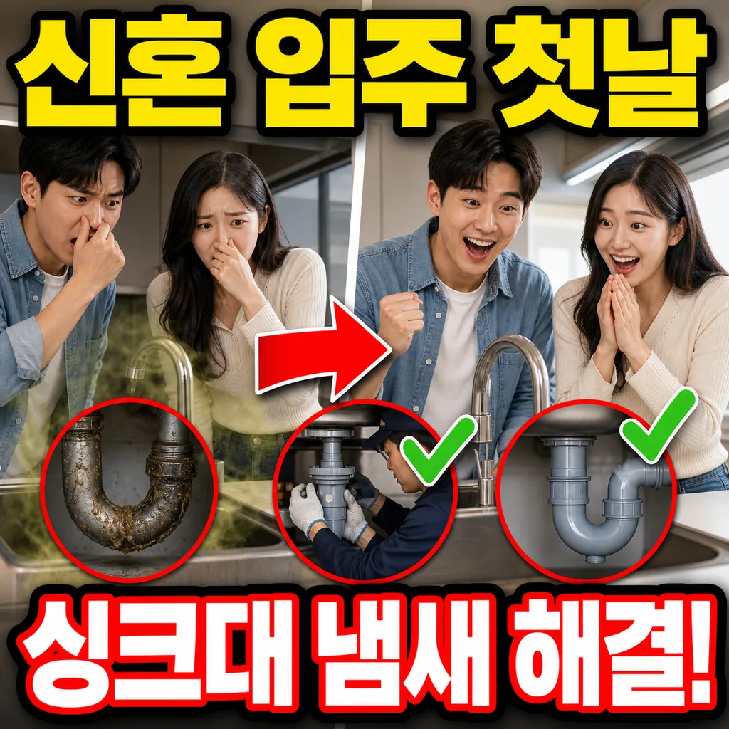 신혼부부 첫 입주 아파트 싱크대 배수관 냄새 역류 이사 첫날 해결 사례