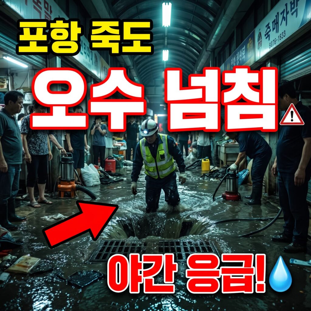 경북 포항 죽도시장 상가 지하 장마 오수 넘침 야간 응급 처리 사례