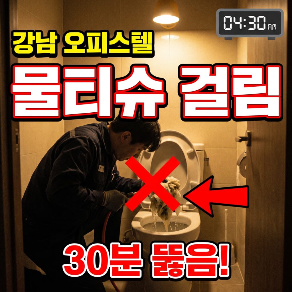 강남 오피스텔 변기막힘 새벽 야근 후 물티슈 걸림 30분 뚫음 사례