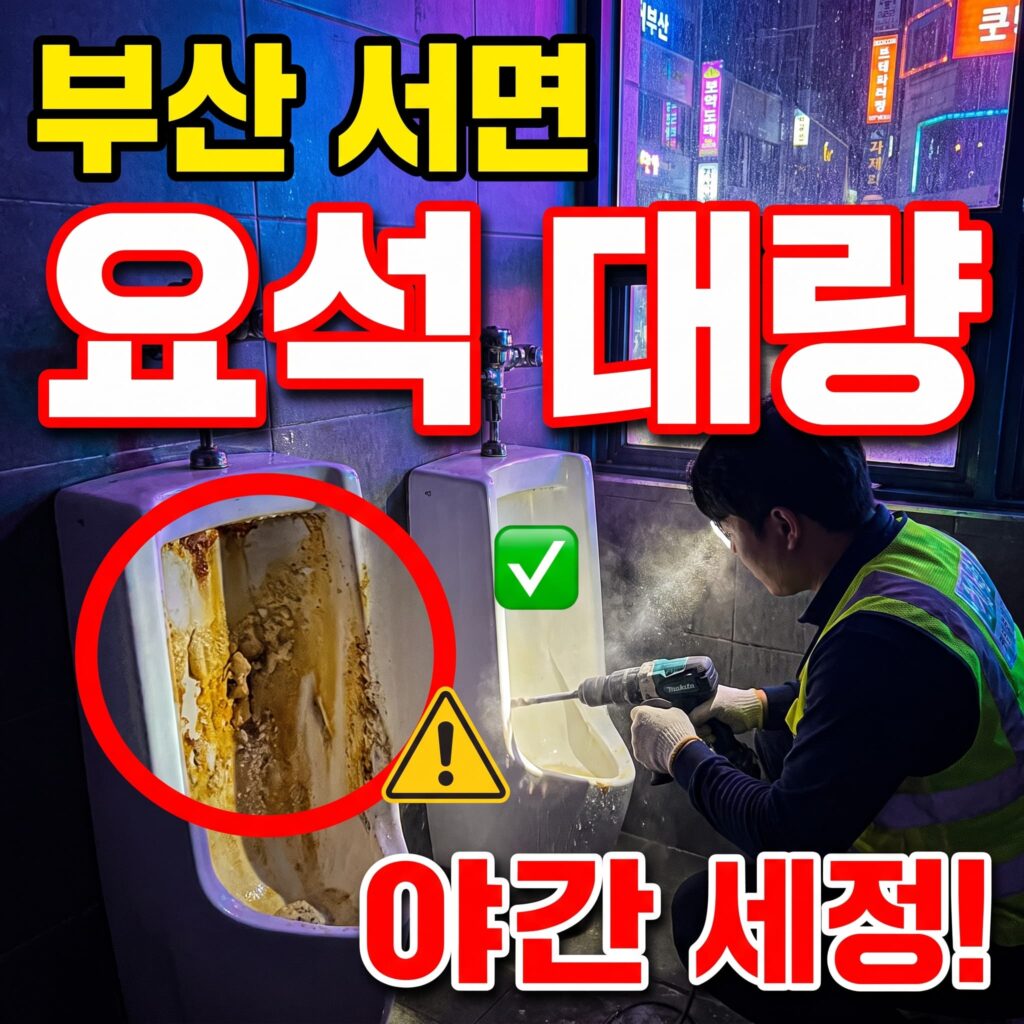부산 서면 상가 소변기 막힘 유흥가 밤샘 사용 요석 대량 침전 사례