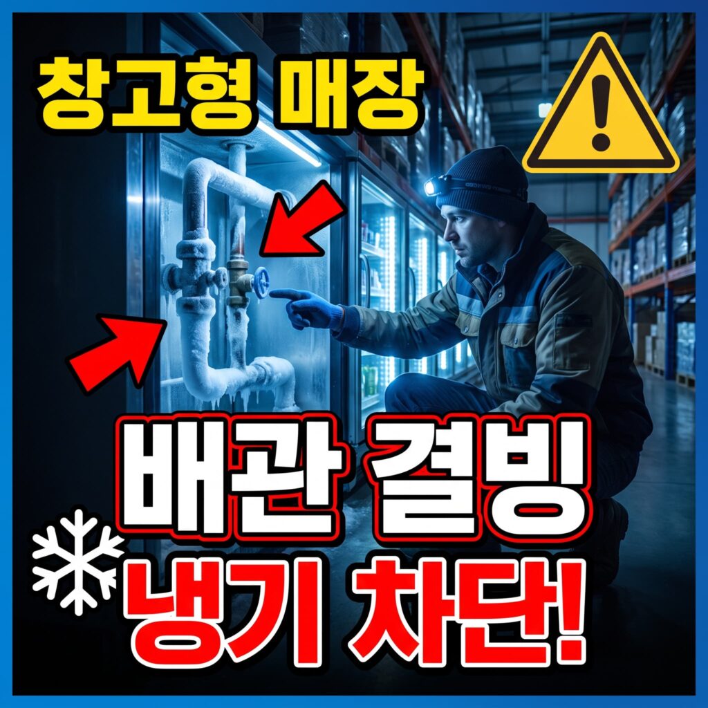 창고형 매장 냉장고 방향 배관 서리 결빙으로 인한 냉기 유출과 배수 폐색 사례