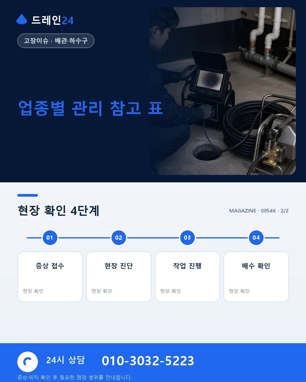 상가·요식업 배관 문제 관련 자주 묻는 7가지 질문 영업 중 대응법 - 상담·접수 안내 상세 안내
